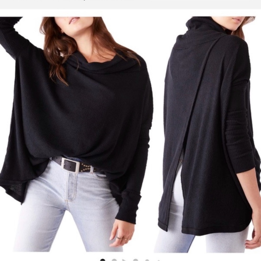 Free People Juicy Black Ribbed Knit Cowl Neck Tunic Top. NWT. Small
